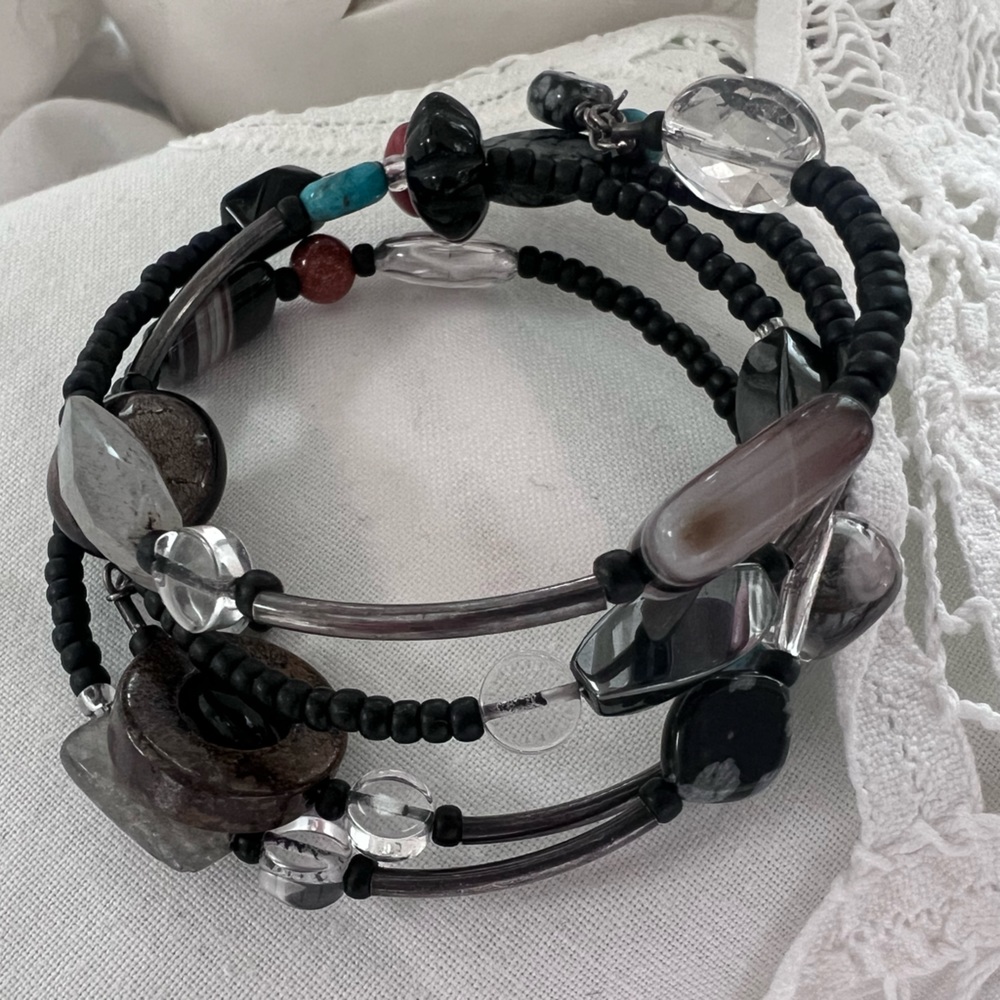 Silpada Multi-Strand Black and Clear Beaded Bracelet with Turquoise Accent
